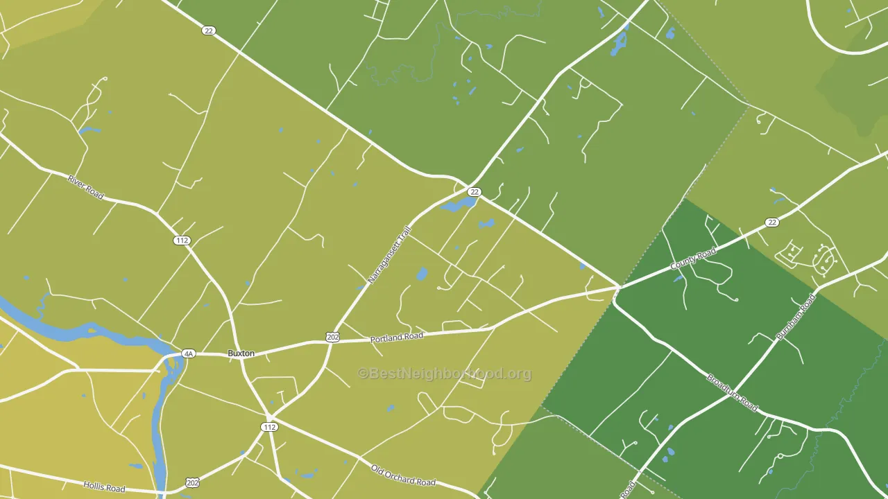 Map of the best neighborhoods in the Buxton area, with better matches in green and worse matches in red