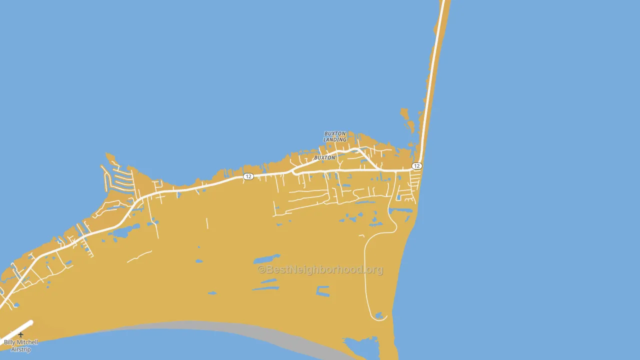 Map of the best neighborhoods in the Buxton area, with better matches in green and worse matches in red