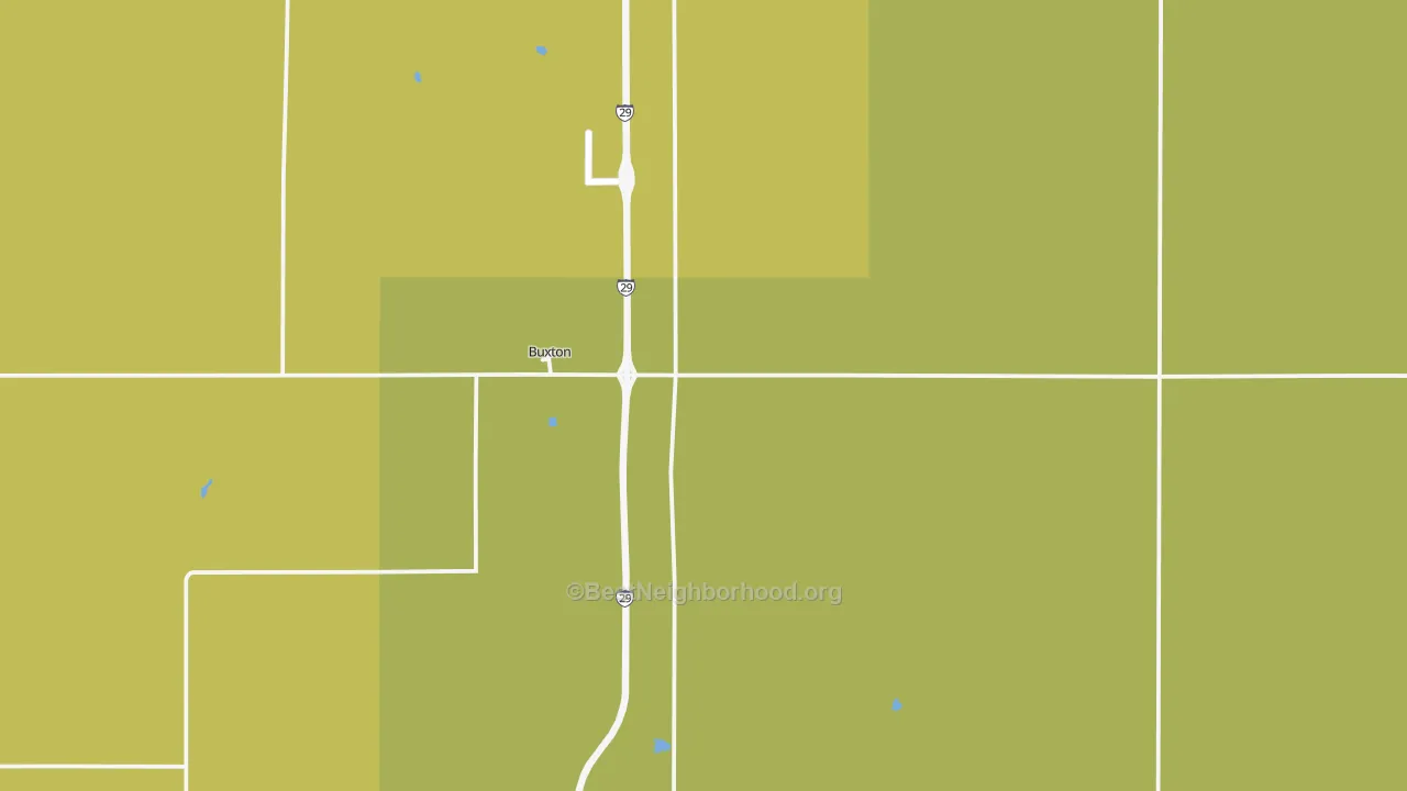 Map of the best neighborhoods in the Buxton area, with better matches in green and worse matches in red