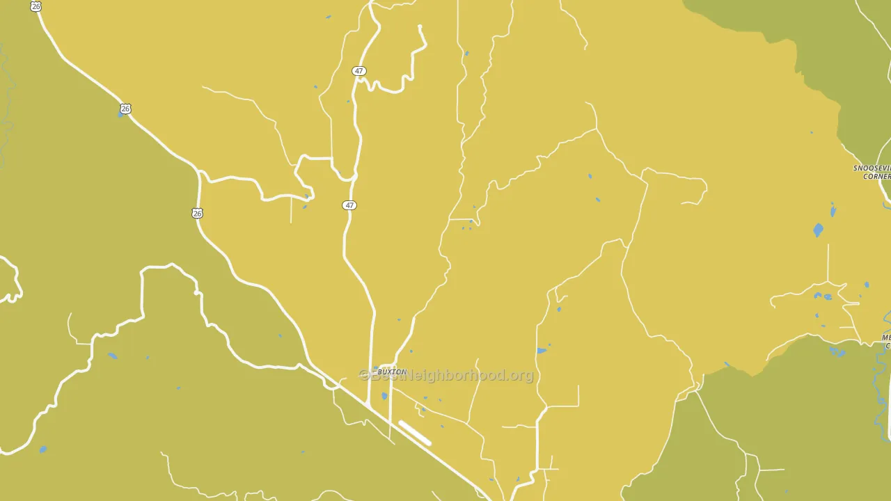 Map of the best neighborhoods in the Buxton area, with better matches in green and worse matches in red