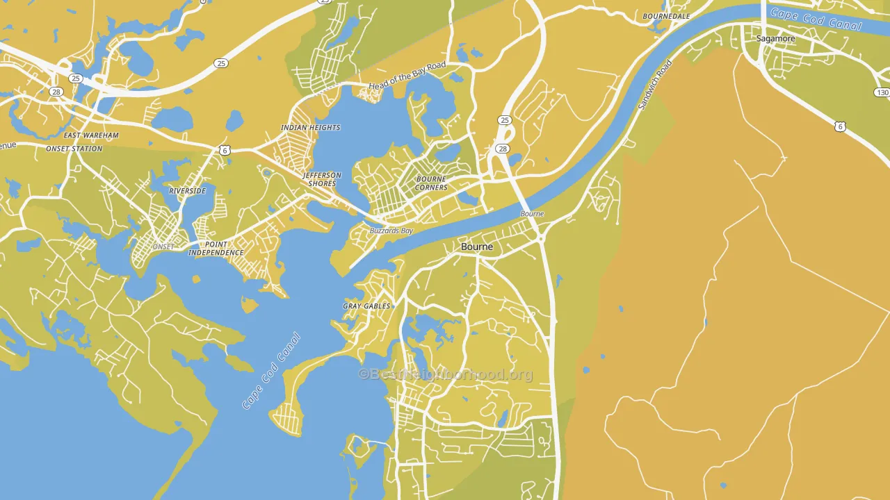 Map of the best neighborhoods in the Buzzards Bay area, with better matches in green and worse matches in red