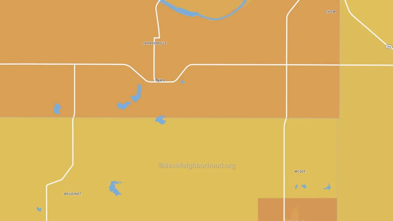 Map of the best neighborhoods in the Byars area, with better matches in green and worse matches in red