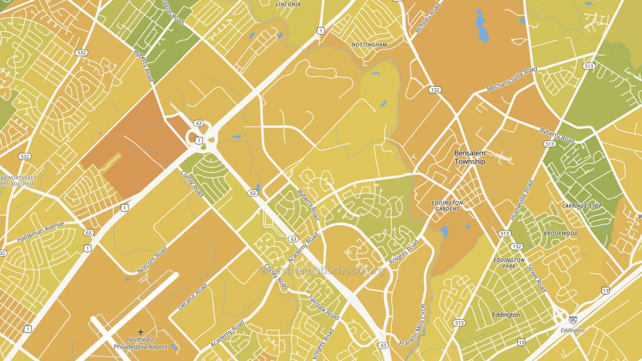 Map of the best neighborhoods in the Byberry, Philadelphia area, with better matches in green and worse matches in red