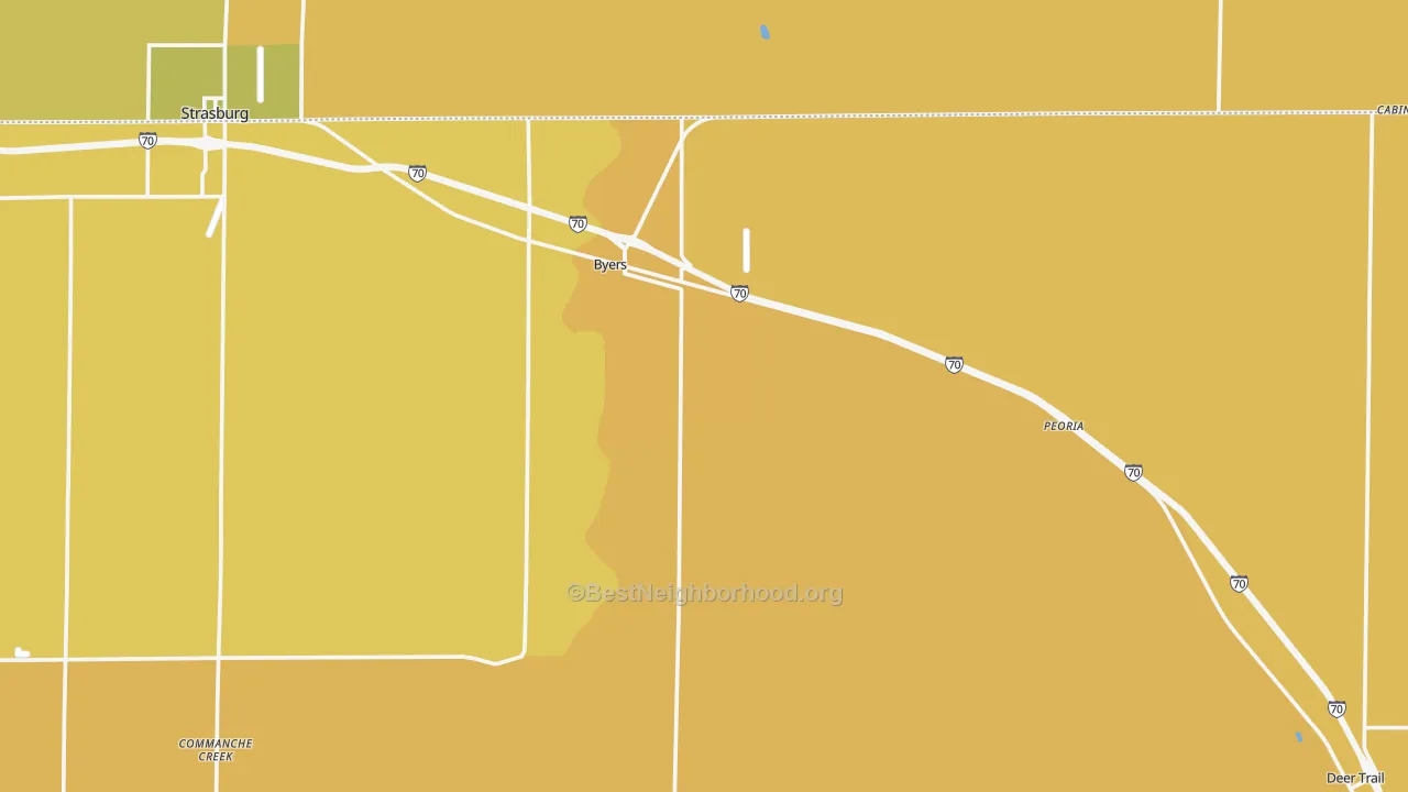 Map of the best neighborhoods in the Byers area, with better matches in green and worse matches in red