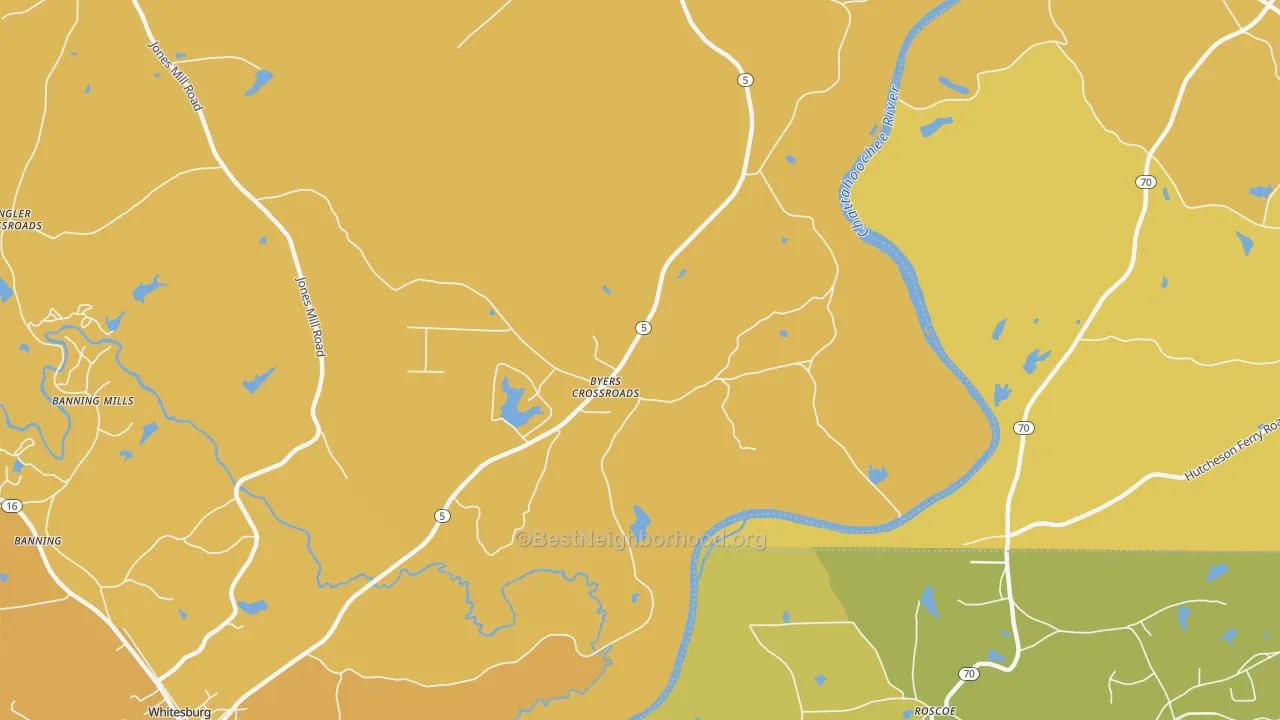 Map of the best neighborhoods in the Byers Crossroads area, with better matches in green and worse matches in red