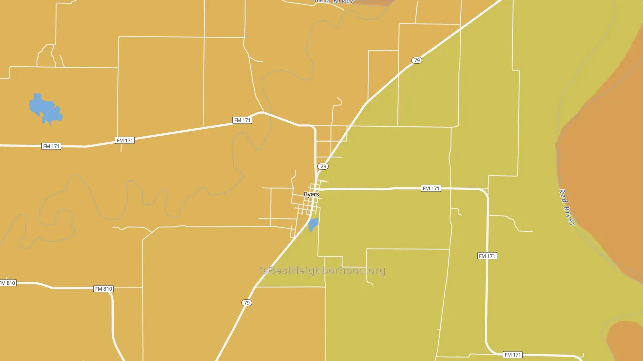Map of the best neighborhoods in the Byers area, with better matches in green and worse matches in red