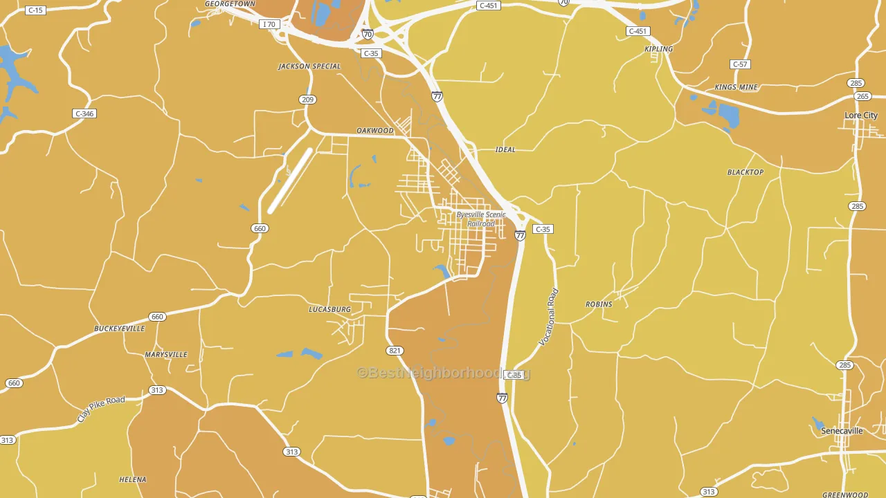 Map of the best neighborhoods in the Byesville area, with better matches in green and worse matches in red