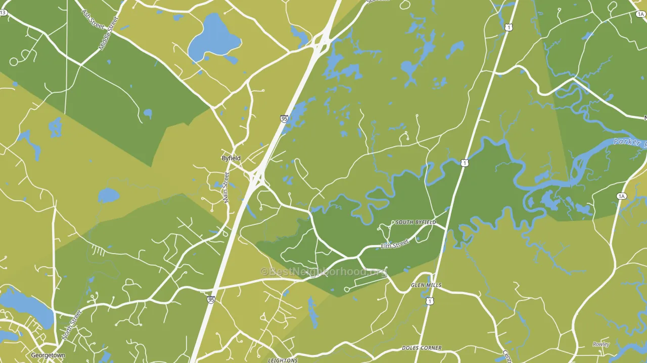 Map of the best neighborhoods in the Byfield area, with better matches in green and worse matches in red