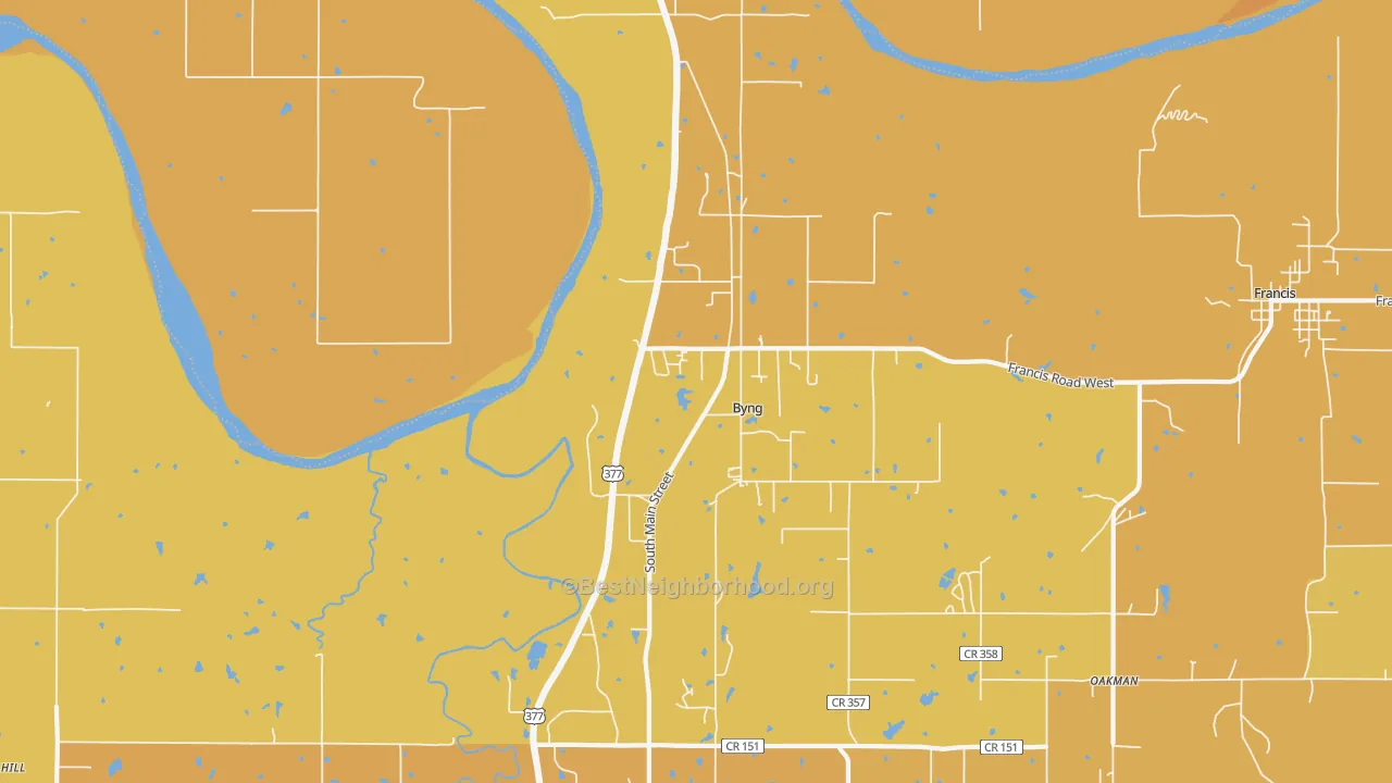 Map of the best neighborhoods in the Byng area, with better matches in green and worse matches in red