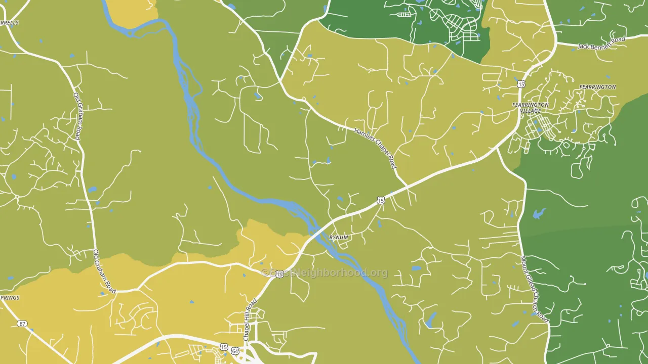 Map of the best neighborhoods in the Bynum area, with better matches in green and worse matches in red