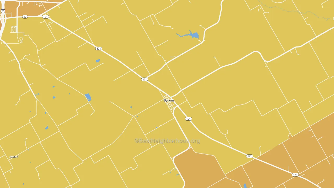 Map of the best neighborhoods in the Bynum area, with better matches in green and worse matches in red
