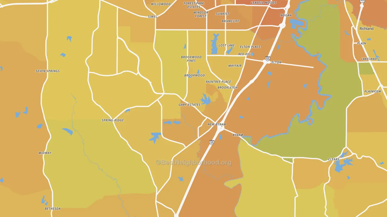 Map of the best neighborhoods in the Byram area, with better matches in green and worse matches in red