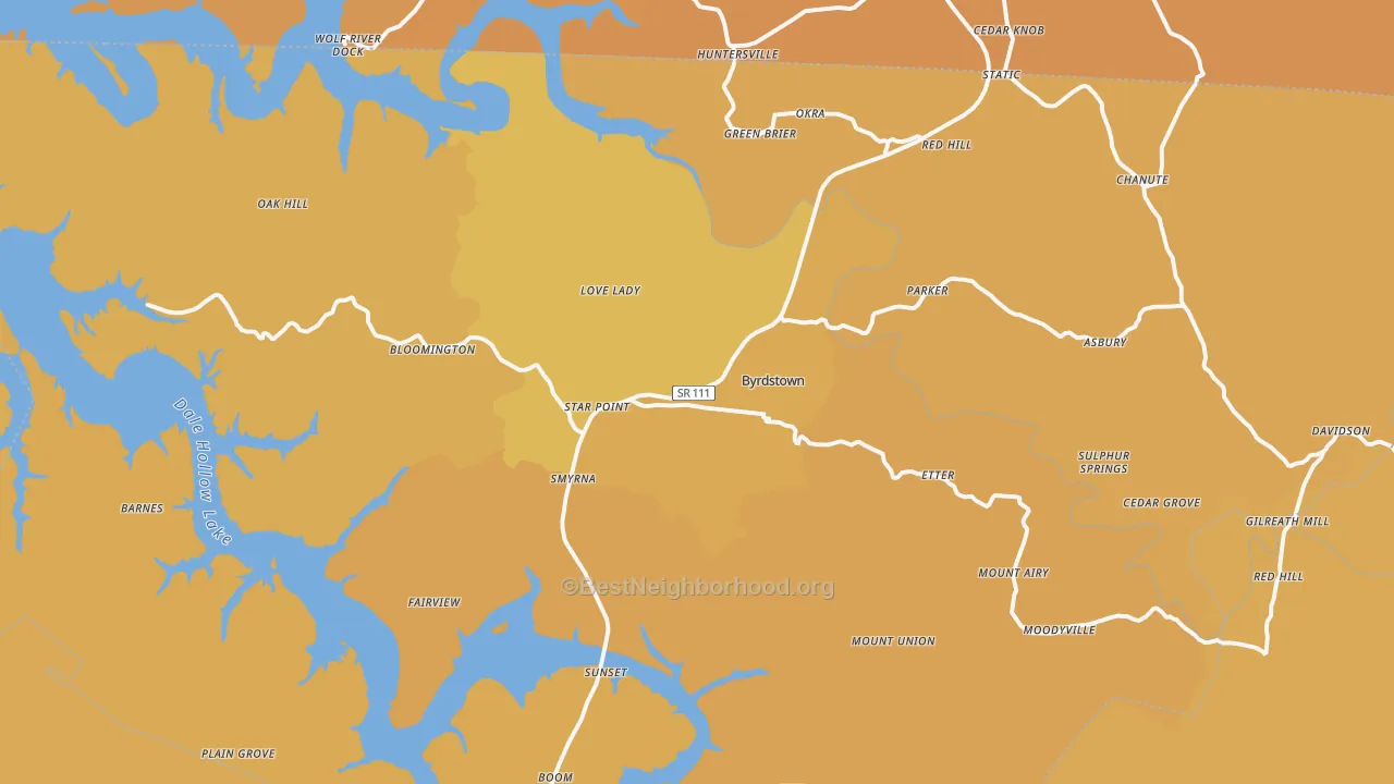 Map of the best neighborhoods in the Byrdstown area, with better matches in green and worse matches in red