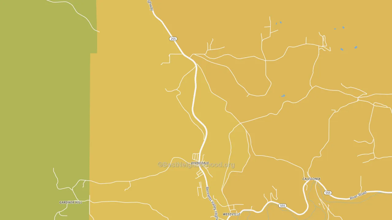 Map of the best neighborhoods in the Byrnedale area, with better matches in green and worse matches in red