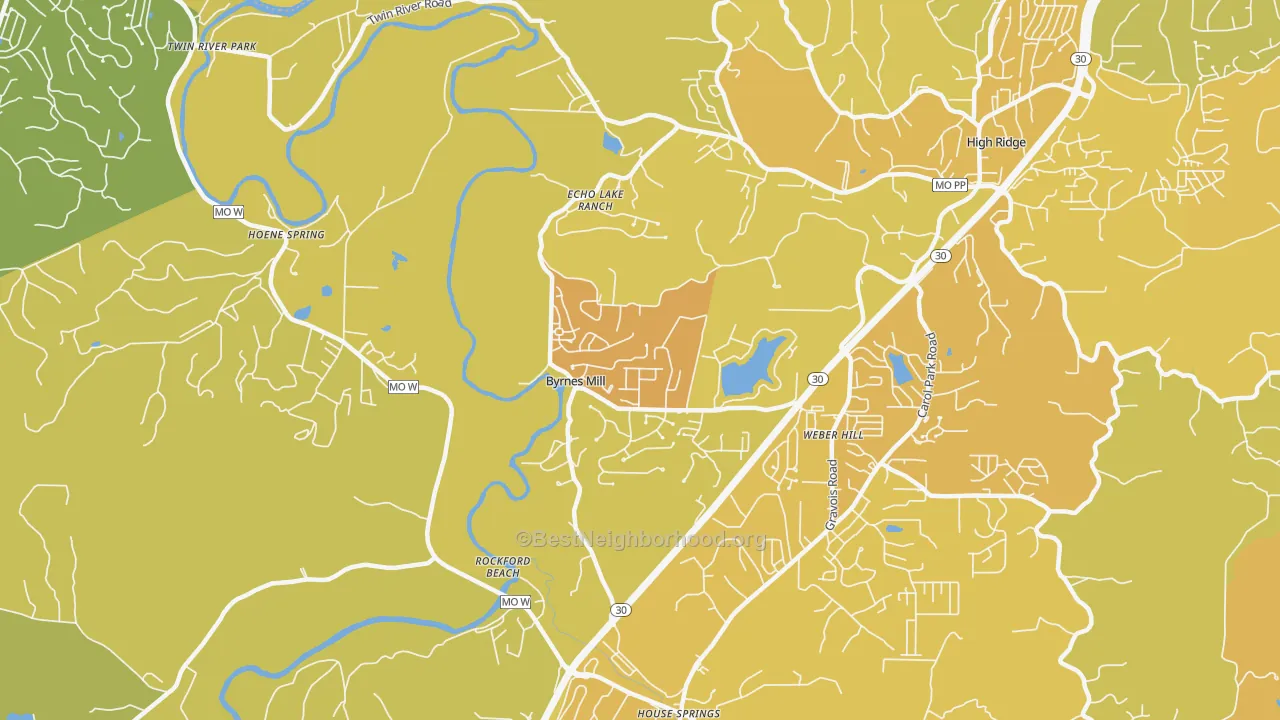 Map of the best neighborhoods in the Byrnes Mill area, with better matches in green and worse matches in red