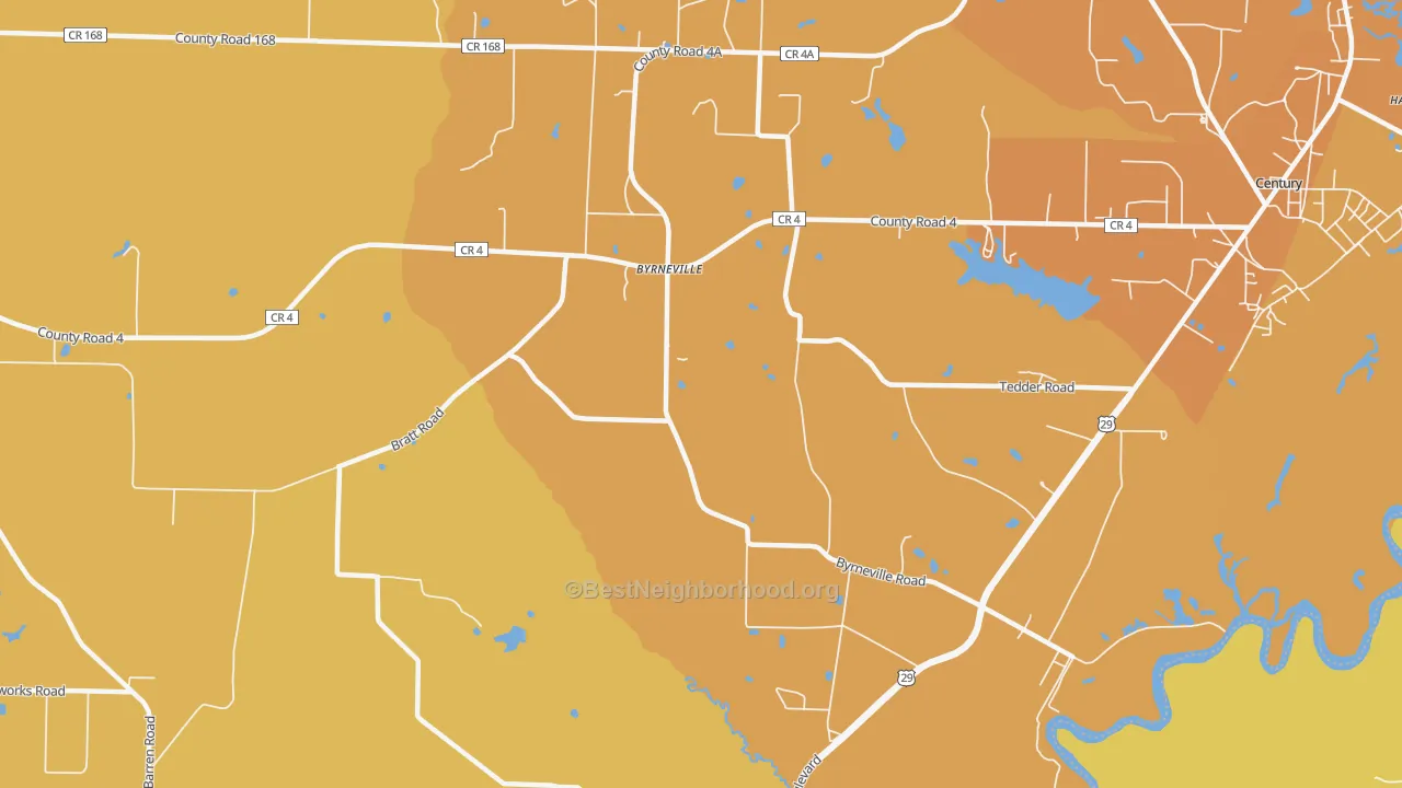 Map of the best neighborhoods in the Byrneville area, with better matches in green and worse matches in red