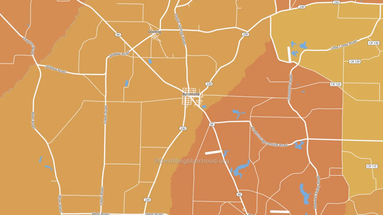 Map of the best neighborhoods in the Byromville area, with better matches in green and worse matches in red