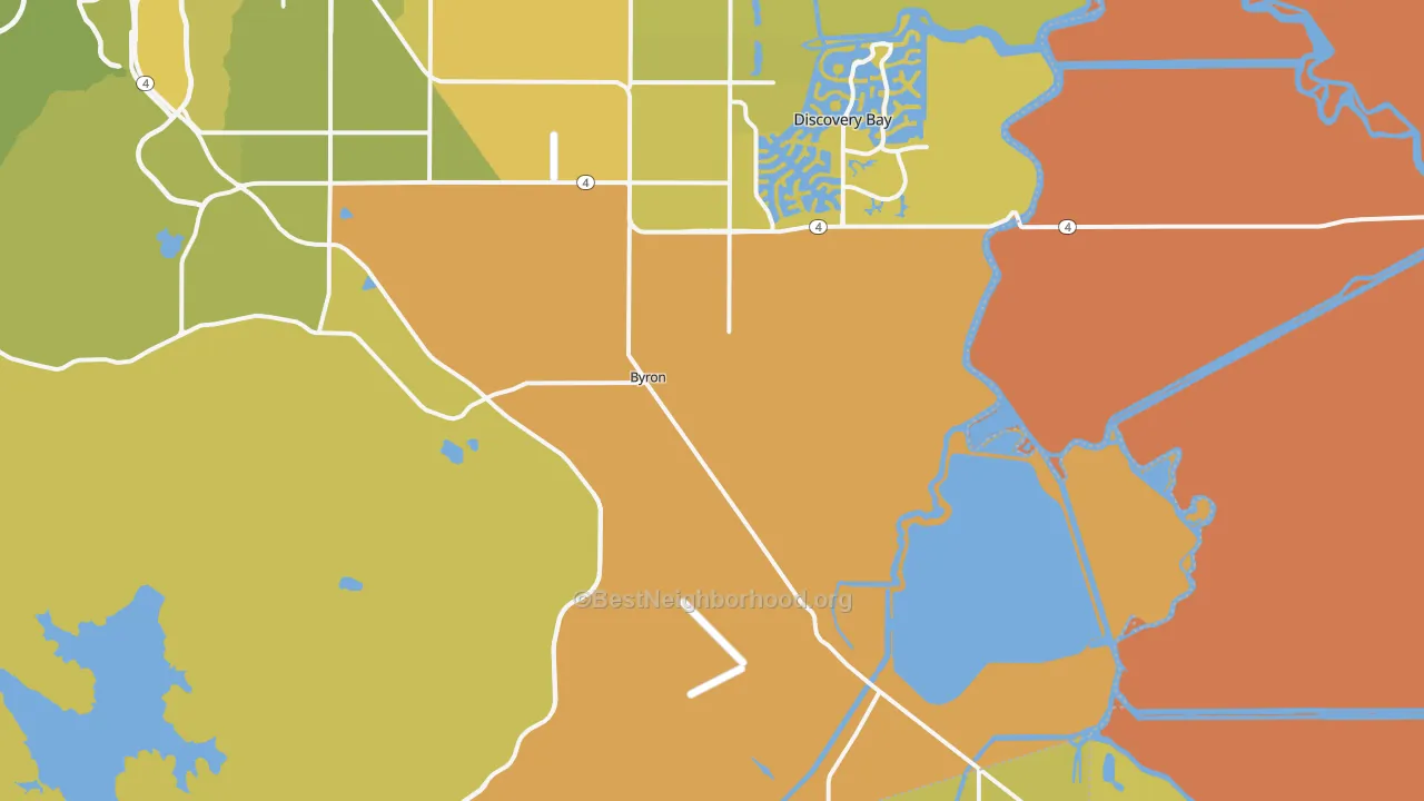 Map of the best neighborhoods in the Byron area, with better matches in green and worse matches in red