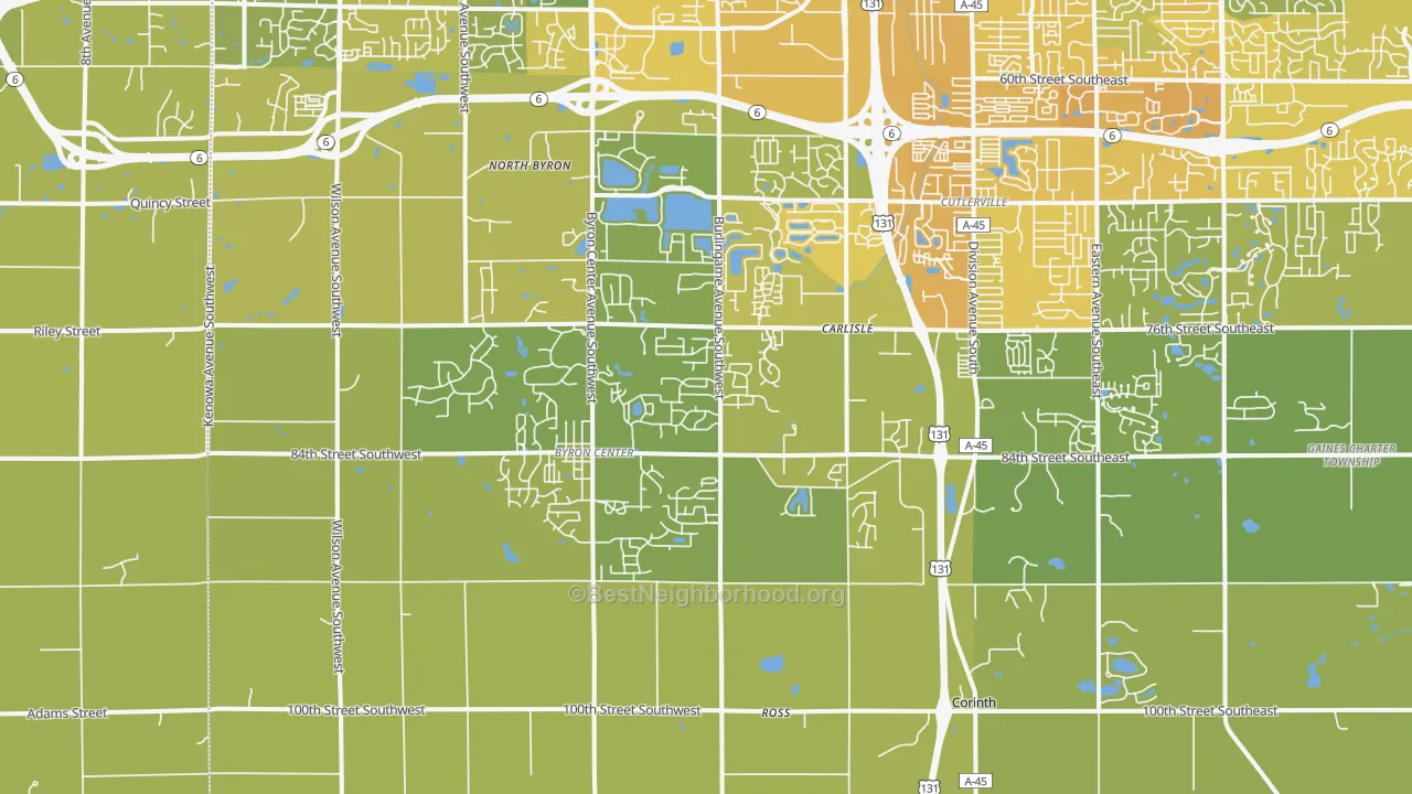 Map of the best neighborhoods in the Byron Center area, with better matches in green and worse matches in red
