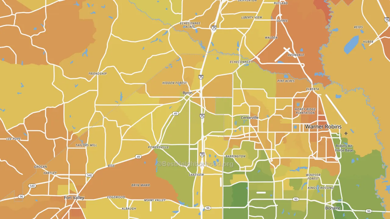 Map of the best neighborhoods in the Byron area, with better matches in green and worse matches in red