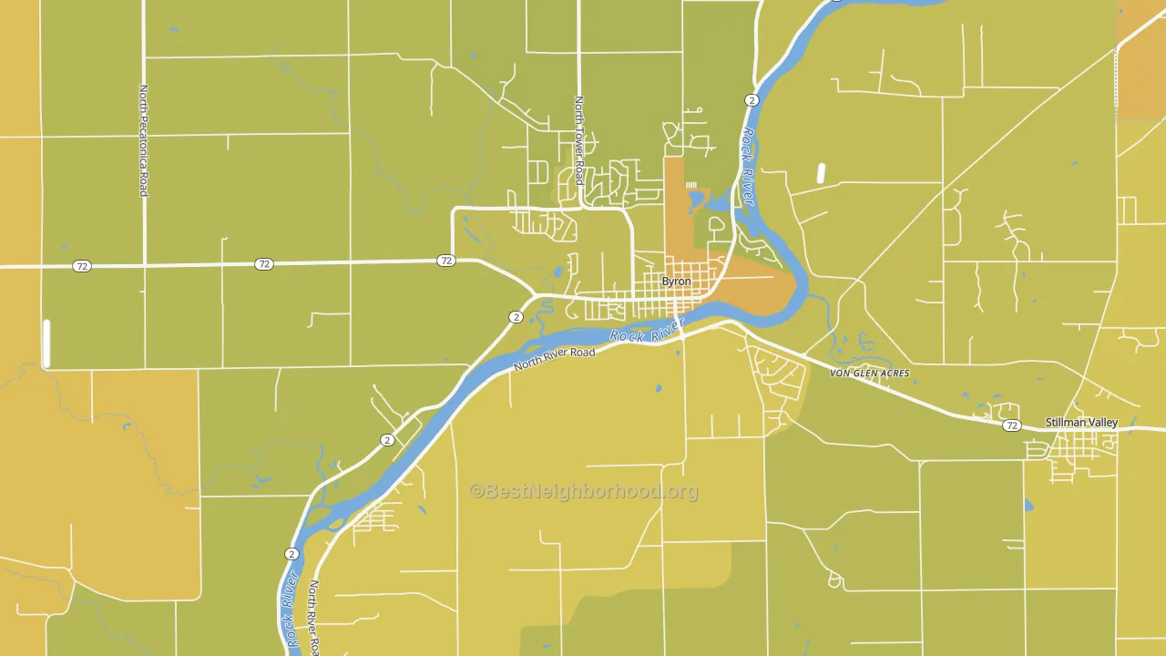 Map of the best neighborhoods in the Byron area, with better matches in green and worse matches in red