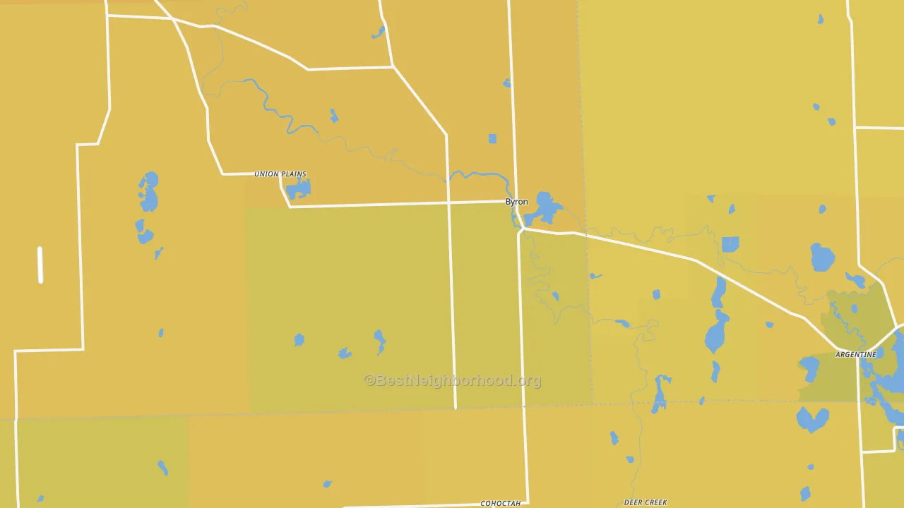Map of the best neighborhoods in the Byron area, with better matches in green and worse matches in red