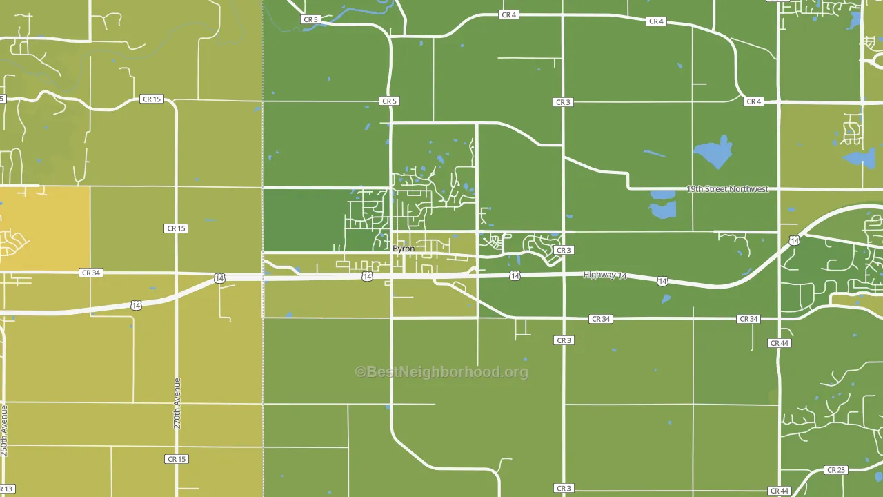 Map of the best neighborhoods in the Byron area, with better matches in green and worse matches in red