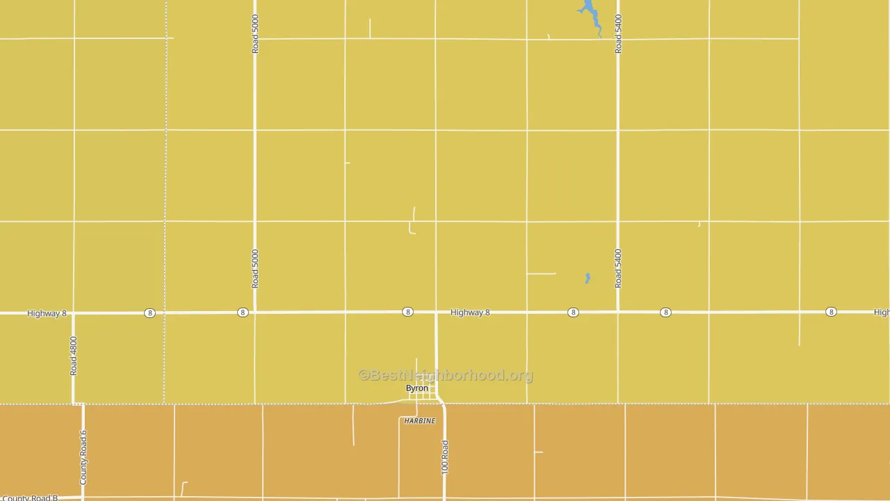 Map of the best neighborhoods in the Byron area, with better matches in green and worse matches in red