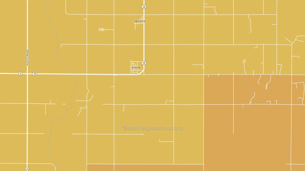 Map of the best neighborhoods in the Byron area, with better matches in green and worse matches in red