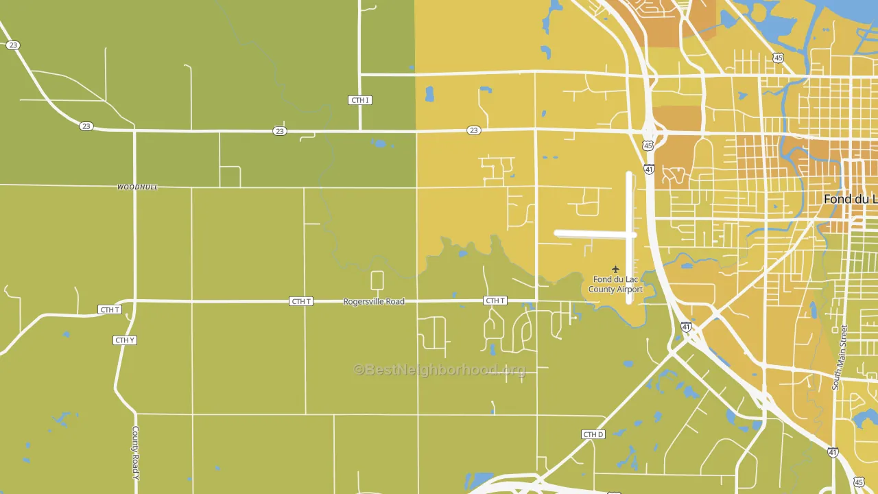 Map of the best neighborhoods in the Byron area, with better matches in green and worse matches in red