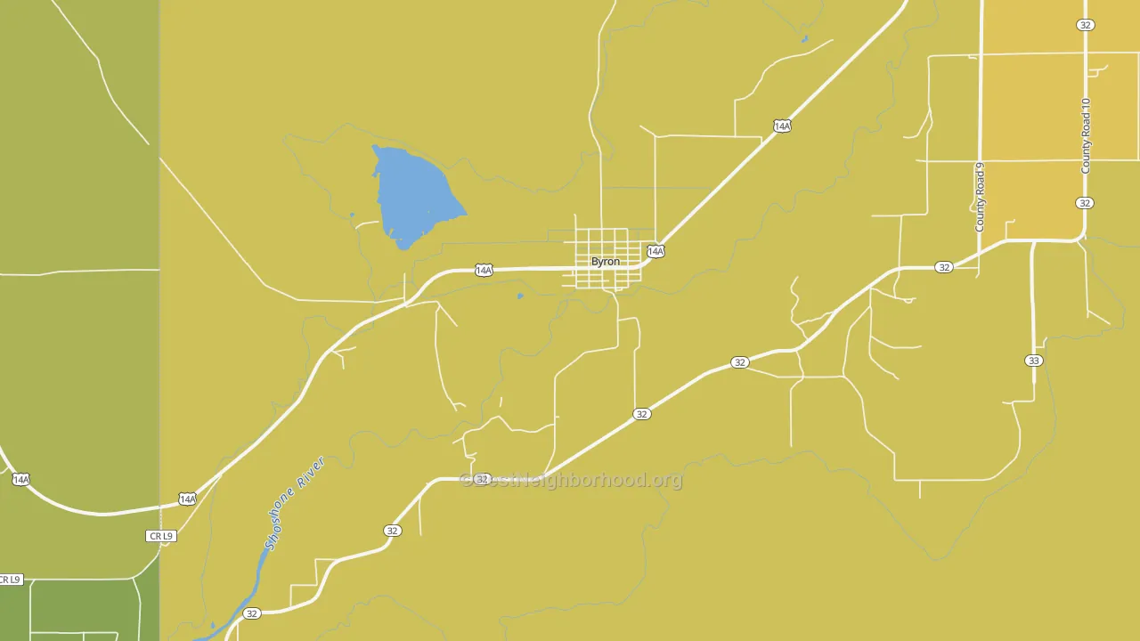 Map of the best neighborhoods in the Byron area, with better matches in green and worse matches in red