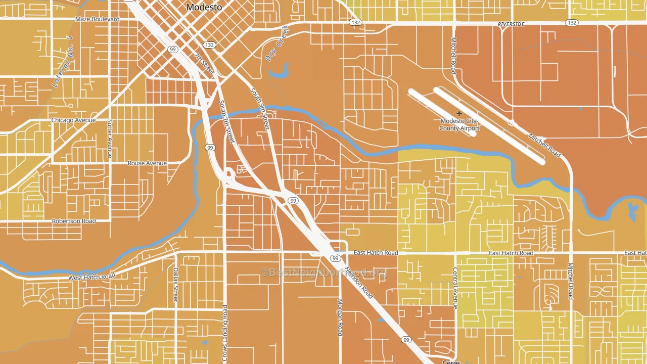 Map of the best neighborhoods in the Bystrom, Modesto area, with better matches in green and worse matches in red
