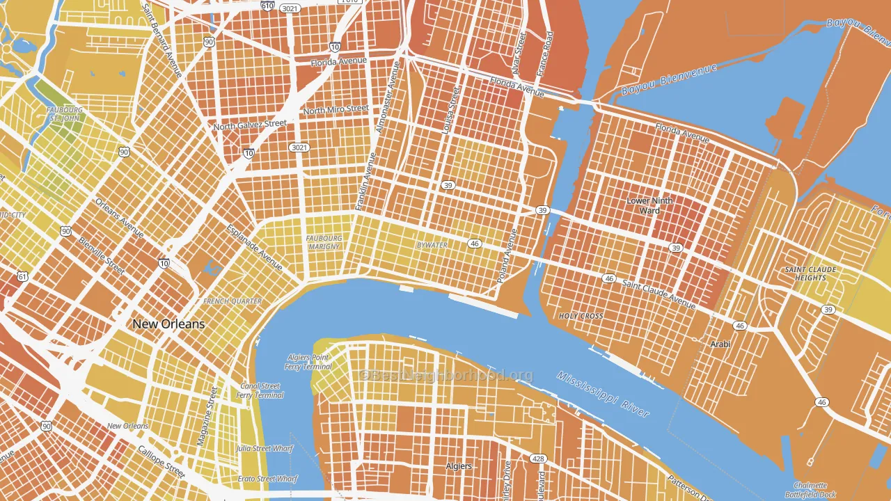Map of the best neighborhoods in the Bywater, New Orleans area, with better matches in green and worse matches in red