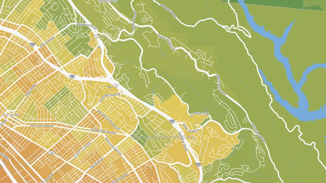 Map of the best neighborhoods in the Caballo Hills, Oakland area, with better matches in green and worse matches in red