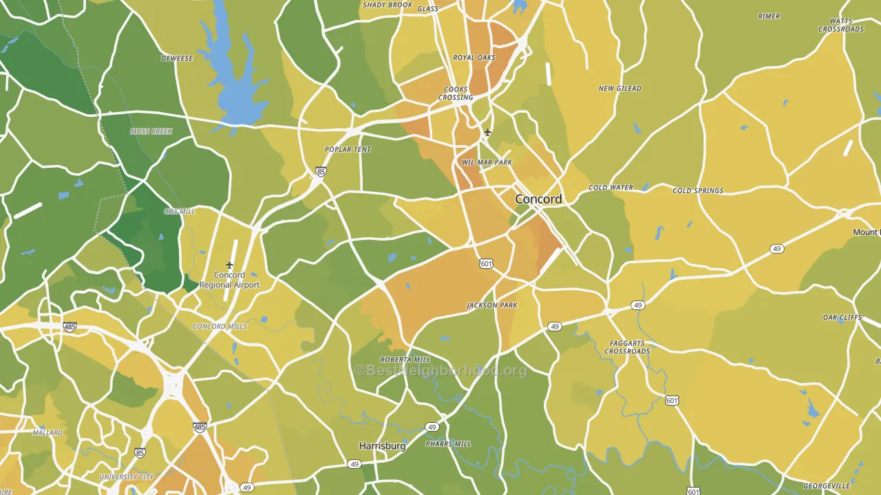 Map of the best neighborhoods in the Cabarrus County area, with better matches in green and worse matches in red