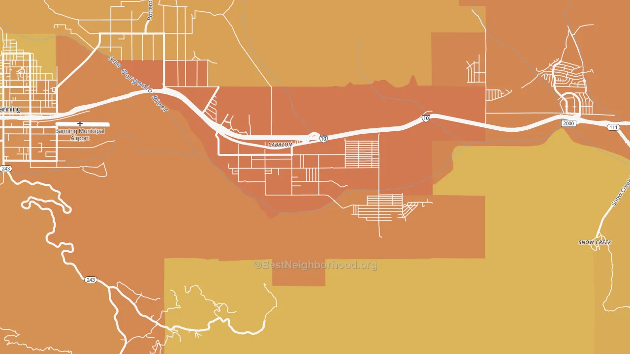 Map of the best neighborhoods in the Cabazon area, with better matches in green and worse matches in red