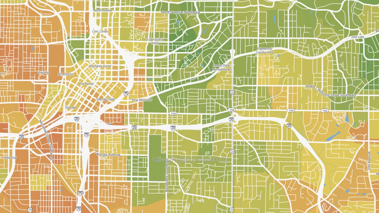 Map of the best neighborhoods in the Cabbage Town, Atlanta area, with better matches in green and worse matches in red
