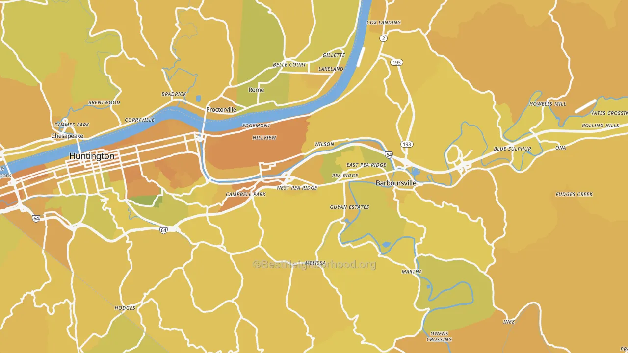 Map of the best neighborhoods in the Cabell County area, with better matches in green and worse matches in red