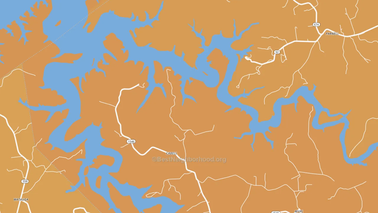 Map of the best neighborhoods in the Cabell area, with better matches in green and worse matches in red