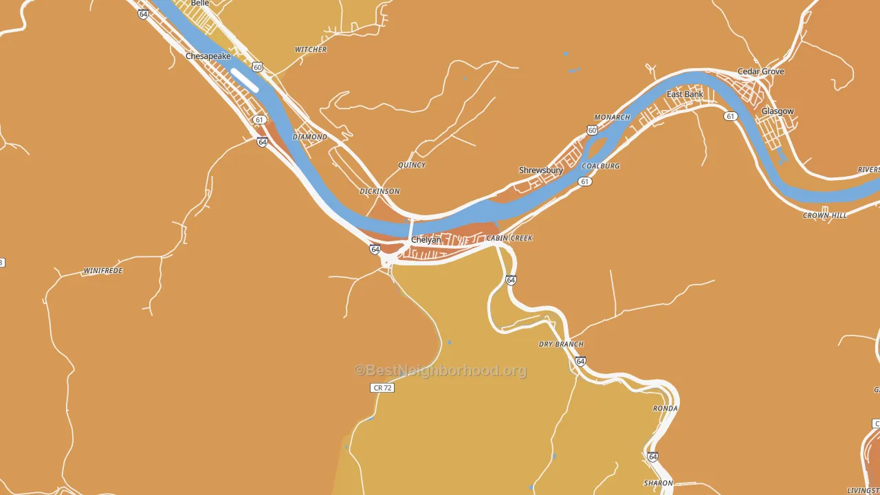 Map of the best neighborhoods in the Cabin Creek area, with better matches in green and worse matches in red