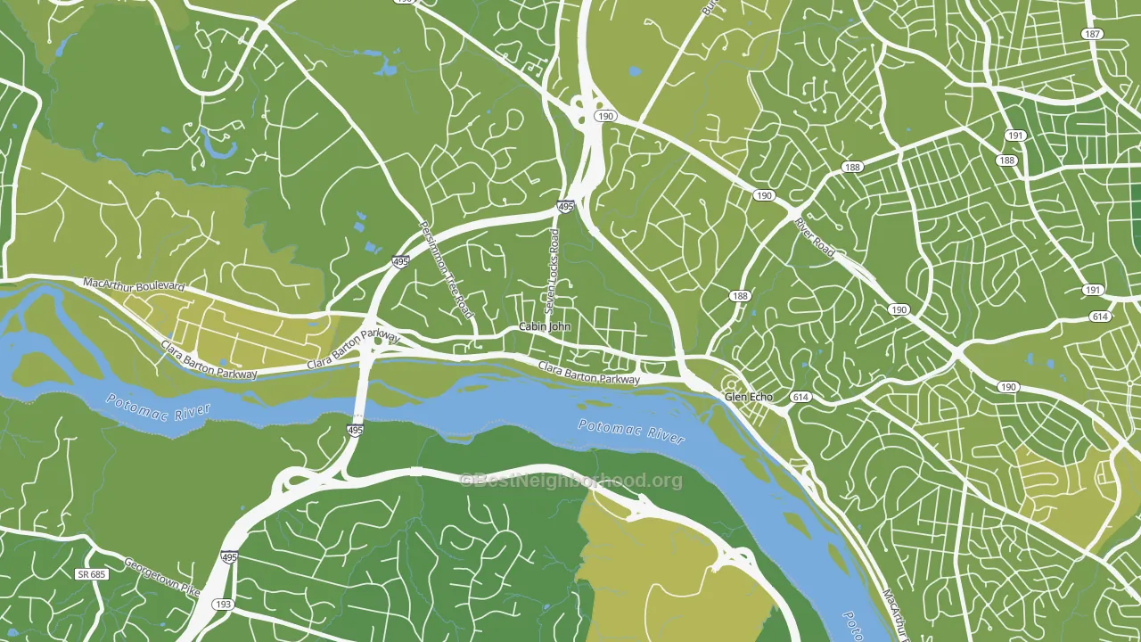 Map of the best neighborhoods in the Cabin John area, with better matches in green and worse matches in red