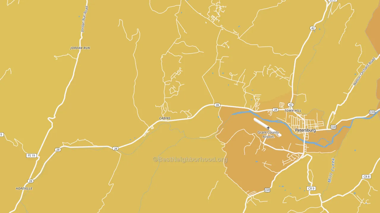 Map of the best neighborhoods in the Cabins area, with better matches in green and worse matches in red