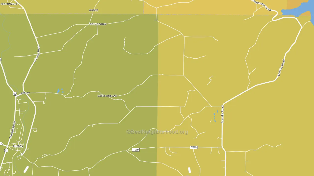 Map of the best neighborhoods in the Cable Hollow area, with better matches in green and worse matches in red