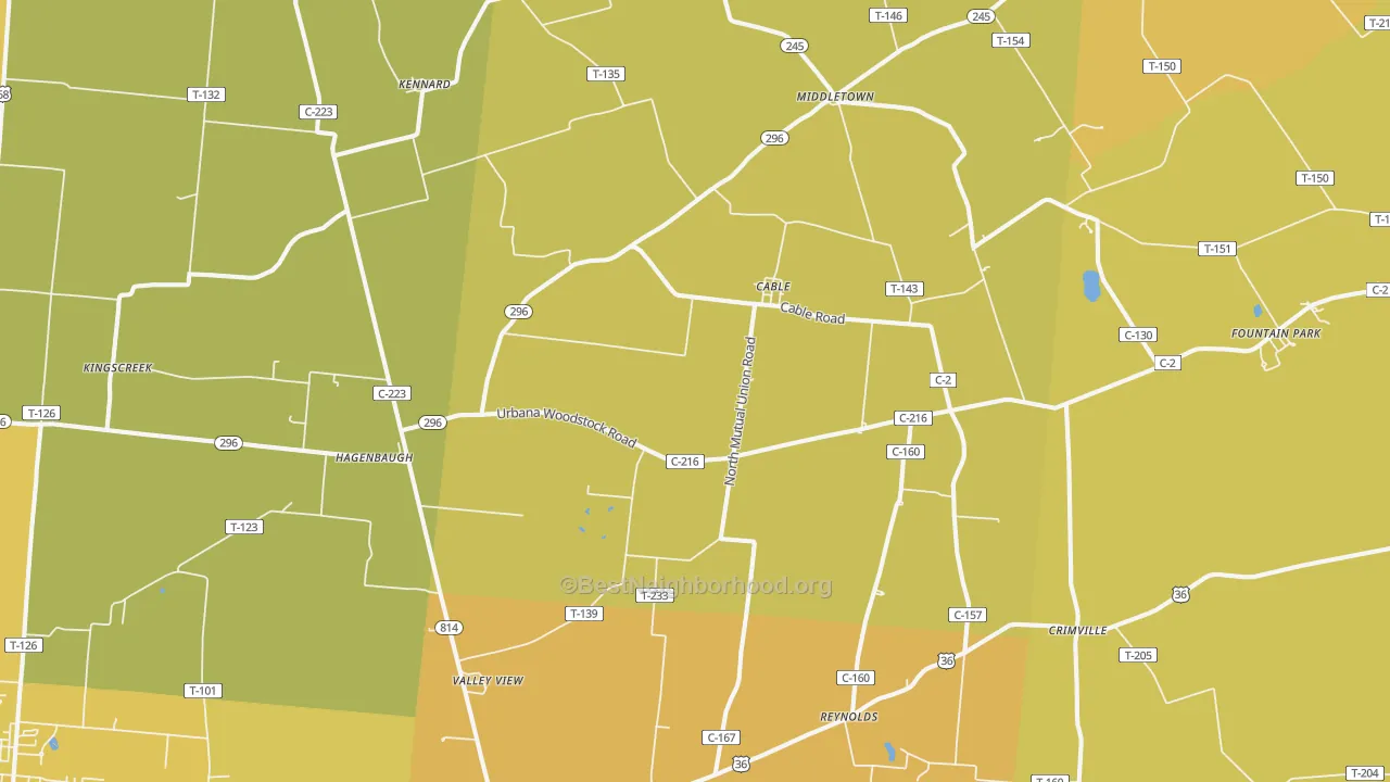 Map of the best neighborhoods in the Cable area, with better matches in green and worse matches in red