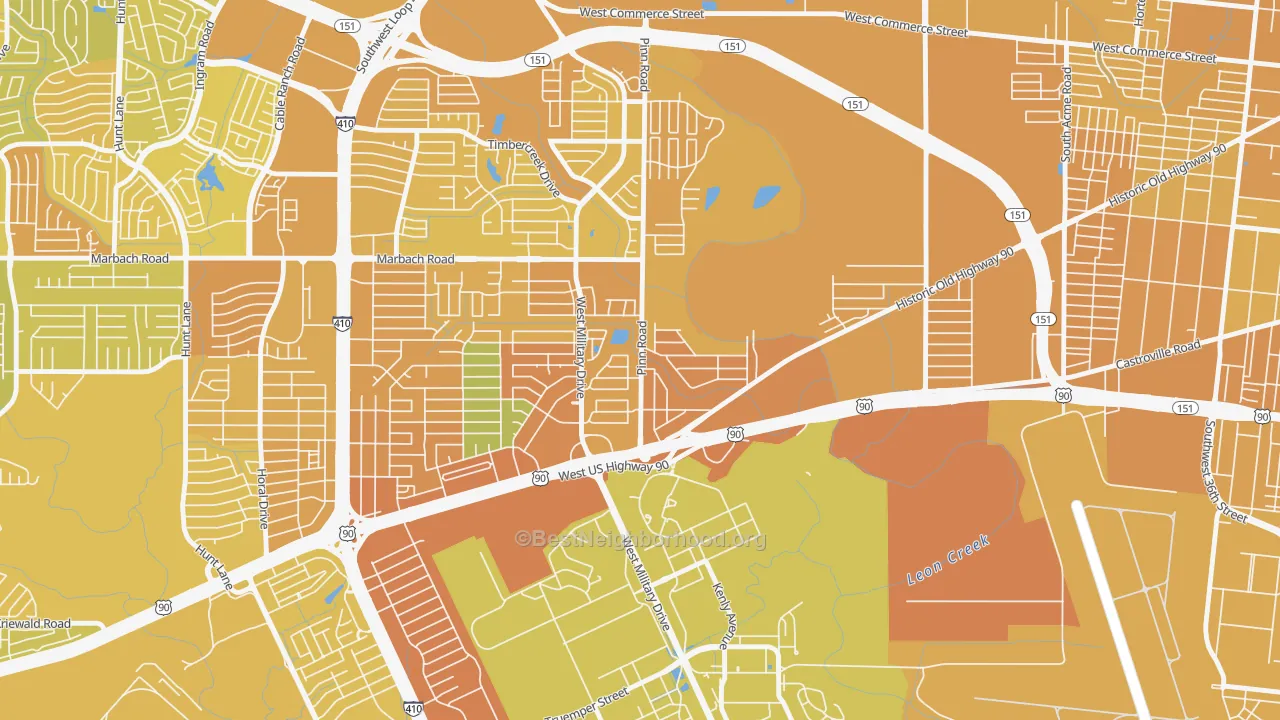 Map of the best neighborhoods in the Cable-Westwood, San Antonio area, with better matches in green and worse matches in red