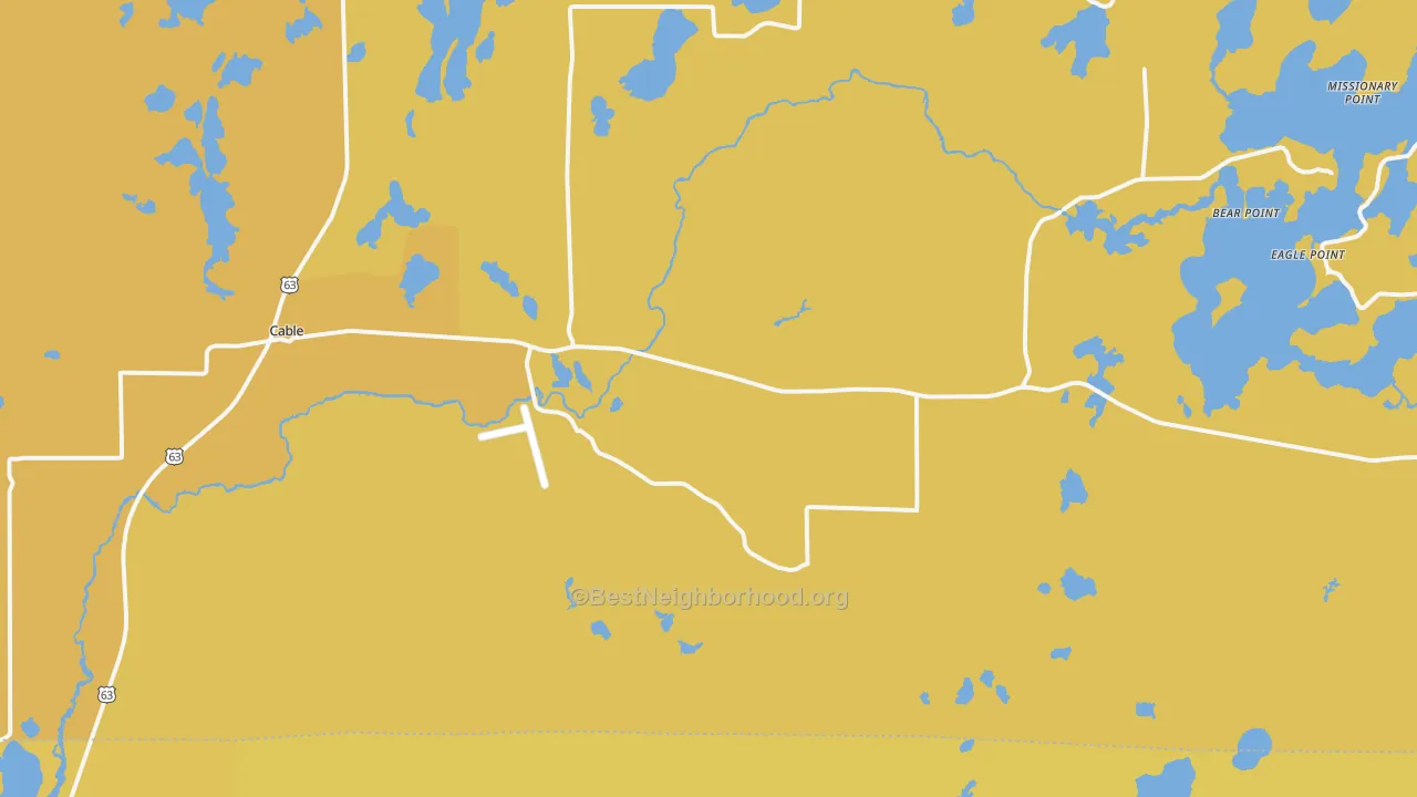 Map of the best neighborhoods in the Cable area, with better matches in green and worse matches in red
