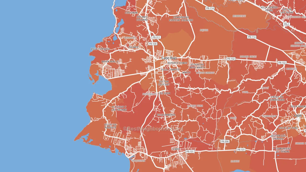 Map of the best neighborhoods in the Cabo Rojo Municipio area, with better matches in green and worse matches in red