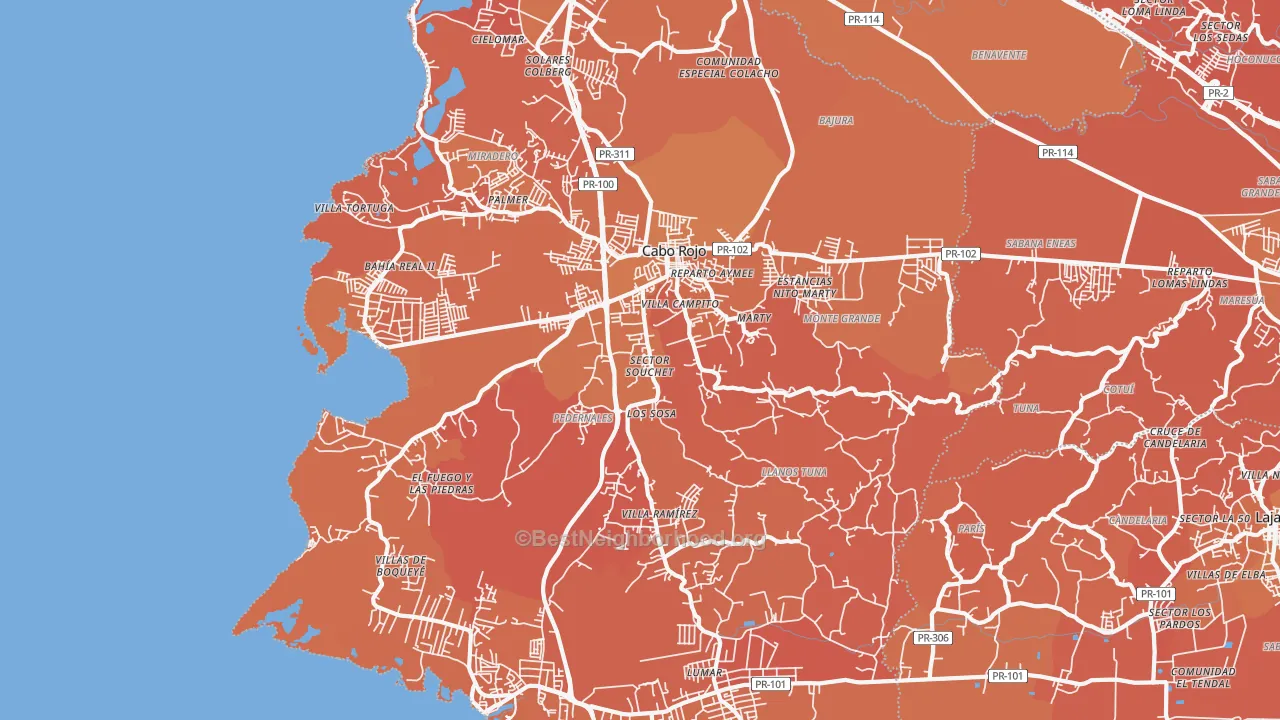 Map of the best neighborhoods in the Cabo Rojo area, with better matches in green and worse matches in red