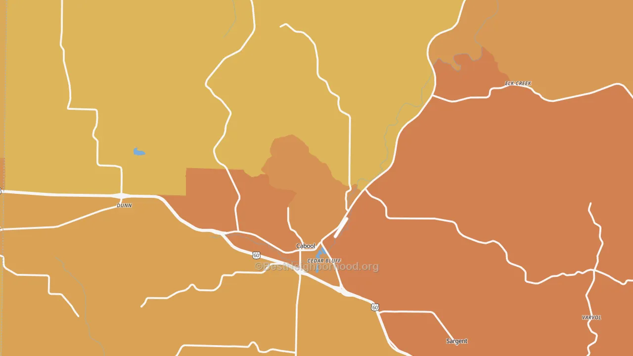 Map of the best neighborhoods in the Cabool area, with better matches in green and worse matches in red