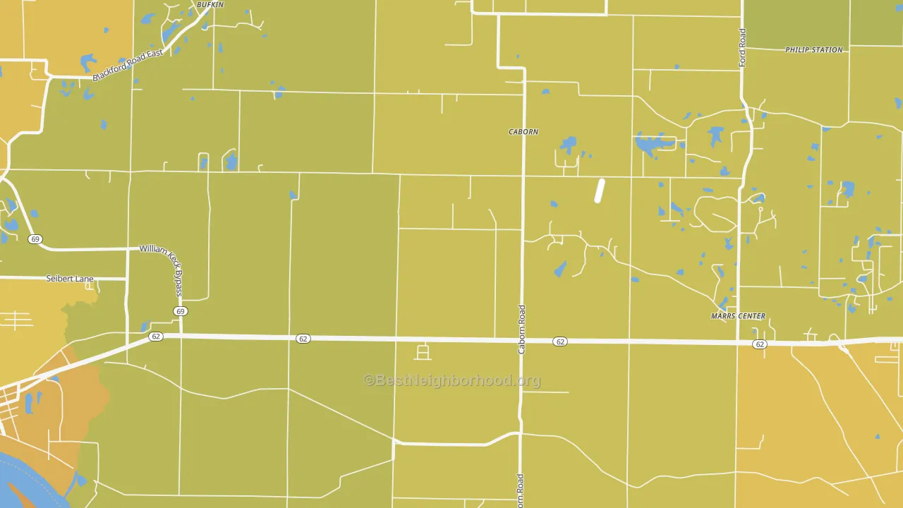 Map of the best neighborhoods in the Caborn area, with better matches in green and worse matches in red